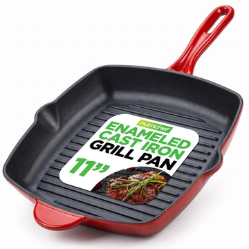 11" Enameled Cast Iron Steak Grill Pan - Square Skillet with Drip Spout, For All Cooktops, Perfect Grill Marks