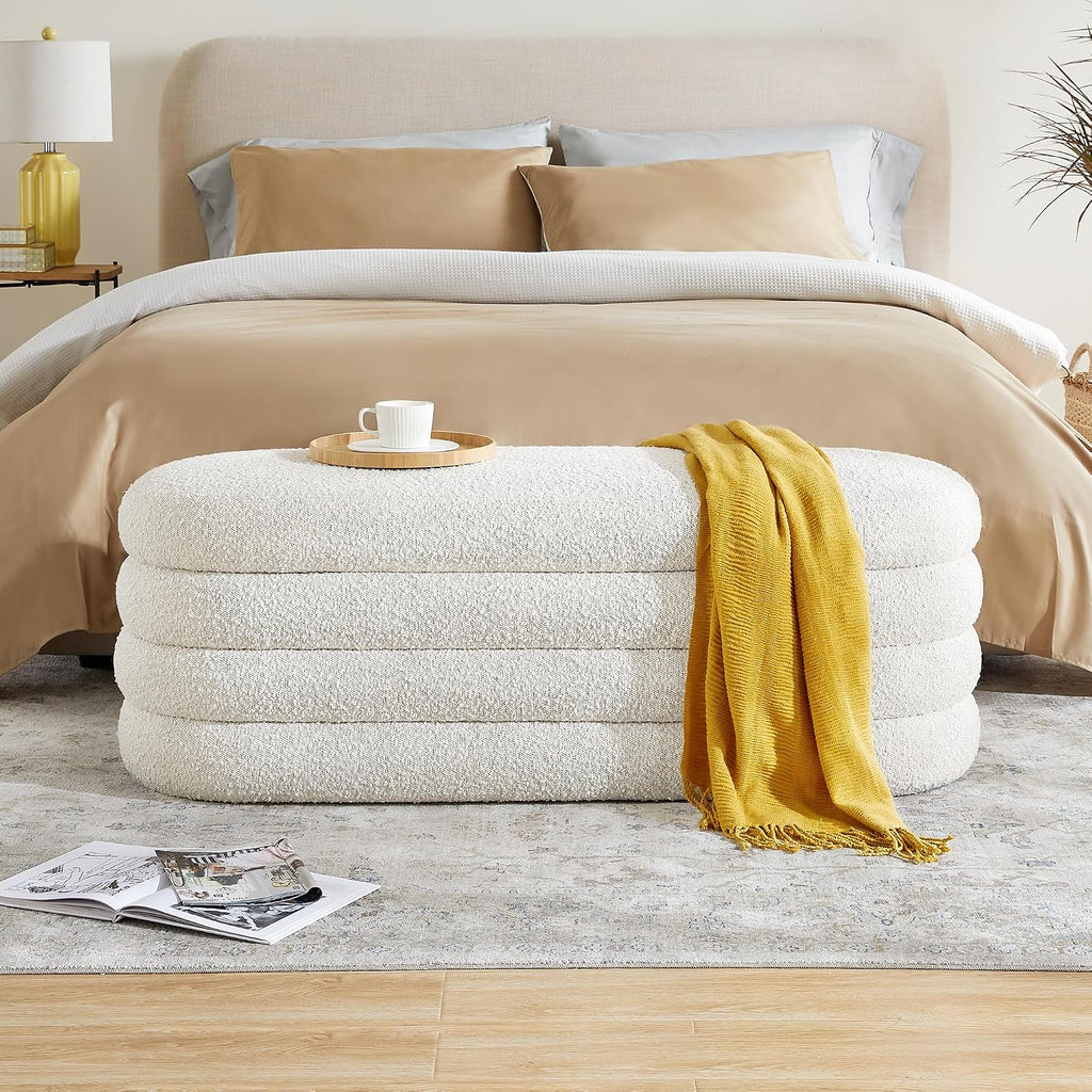 Storage Ottoman Bench 49.2 Inch Upholstered Fabric Storage Bench End of Bed Aesthetic Large Oval Ottoman Entryway