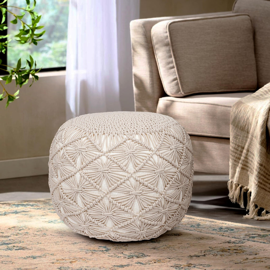 Macrame Pouf Ottoman 20x20x14 Ivory Handwoven Dori Footrest Stool