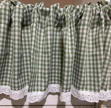 Short Curtain for Small Window Cotton Farmhouse Rustic White Green Plaid Check Gingham White Lace Window Treatment