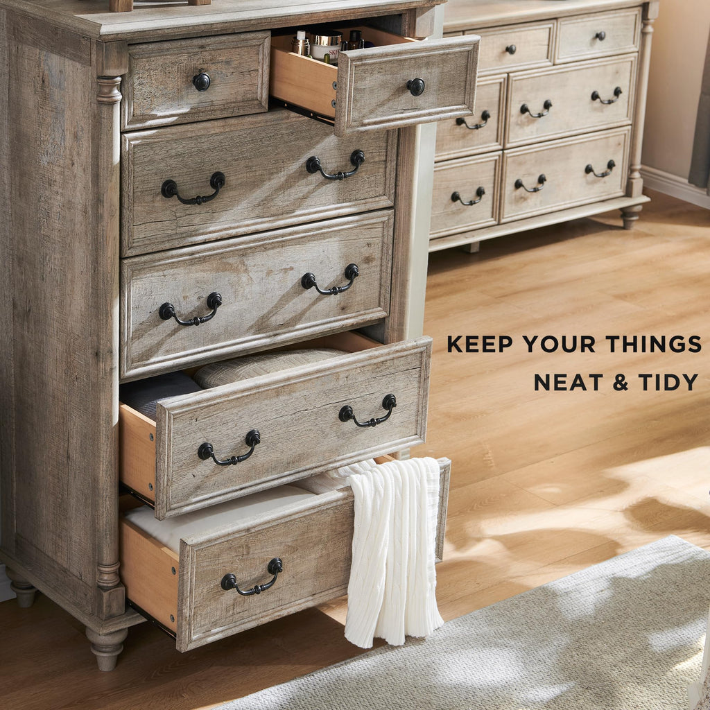 Farmhouse 6-Drawer with Solid Wood Feet, Light Rustic Oak