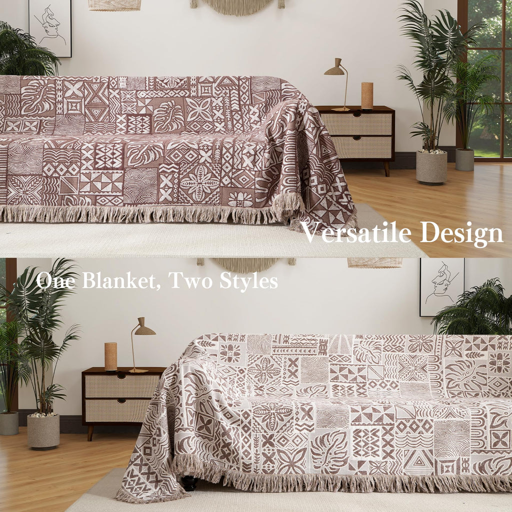 Boho Throw Blanket, Soft Cozy Cotton Muslin Quilt Blanket for Bed Decor, Patchwork Block Couch Sofa Chair