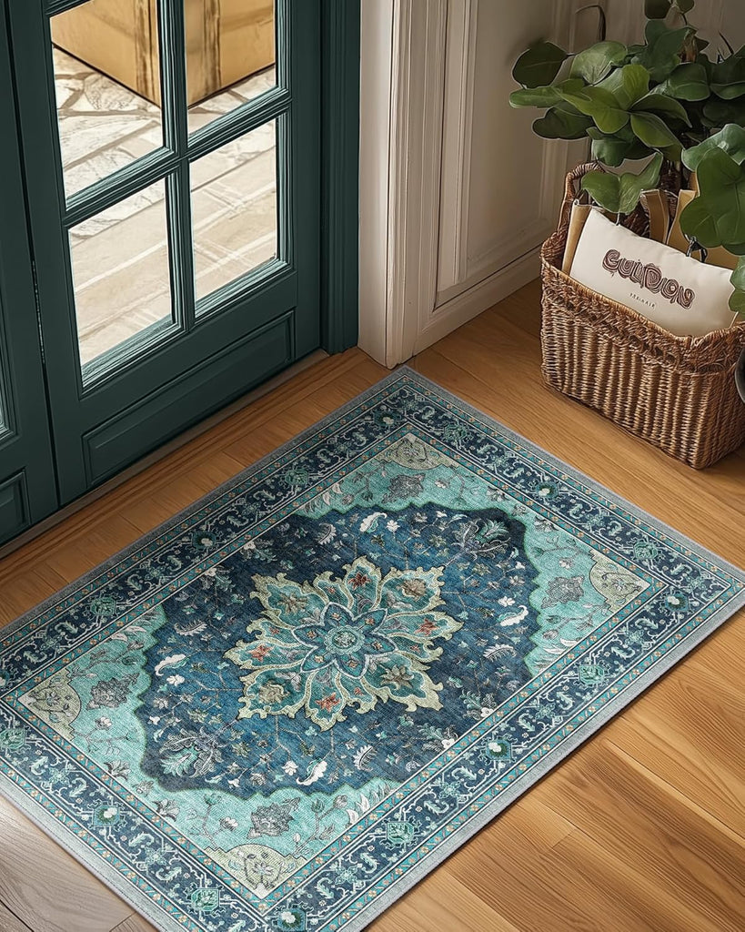 Area Rugs Washable Non-Slip, Floral Vintage Distress Print Pattern Medallion Carpet for Living Room Bedroom Dining Room