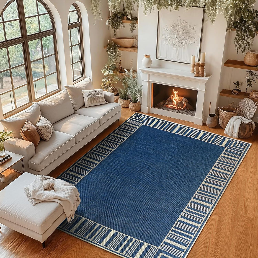 Striped Border Outdoor Rug 4x6, Washable Indoor Outdoor Patio Area Rugs for Balcony Backyard Non Slip, Modern Classic