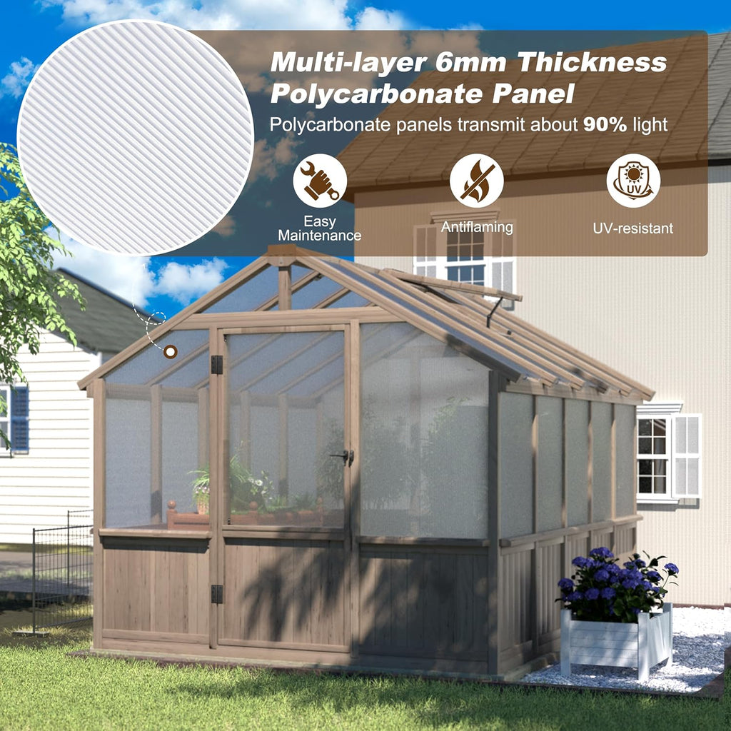 8x10 FT Greenhouse Kit with 6MM Thick Polycarbonate Panel for Outdoor, Wooden Walk-in Green House with Adjustable