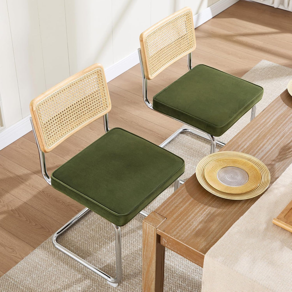 Zesthouse Natural Rattan Dining Chairs Set of 2, Olive Green Modern Kitchen Chairs with Solid Wood Back & Chrome Base