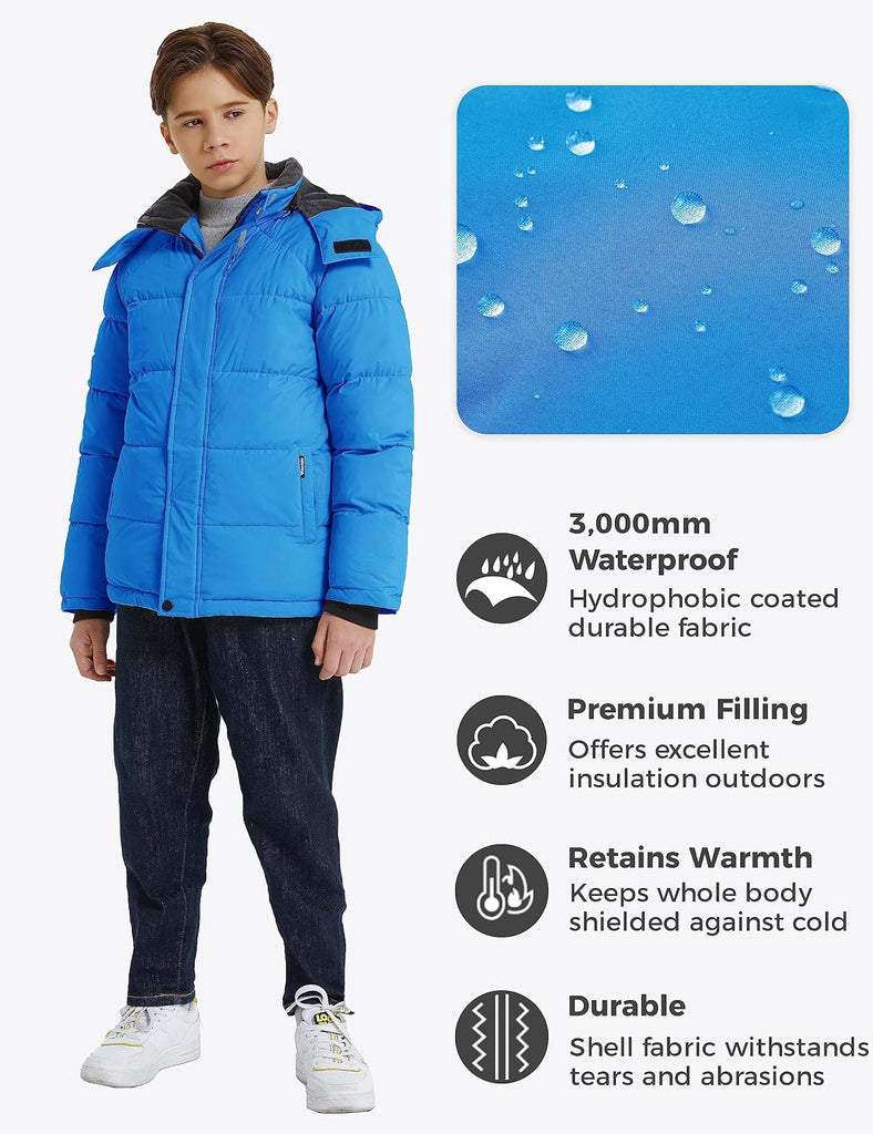 Boys Puffy Winter Coats Fleece-Lined Snow Jackets Removable Hood