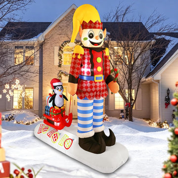 8FT Christmas Inflatables Solider with Pinguin on Sled, Giant Christmas Outdoor Decor Bulit-in LED Lights, Blow Up