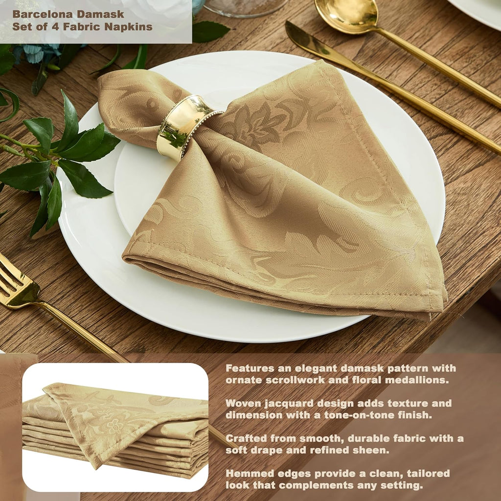 Barcelona Damask Fabric Tablecloth, 60 x 120 Inch Rectangle, Gold - No Iron, Soil Resistant Table Co