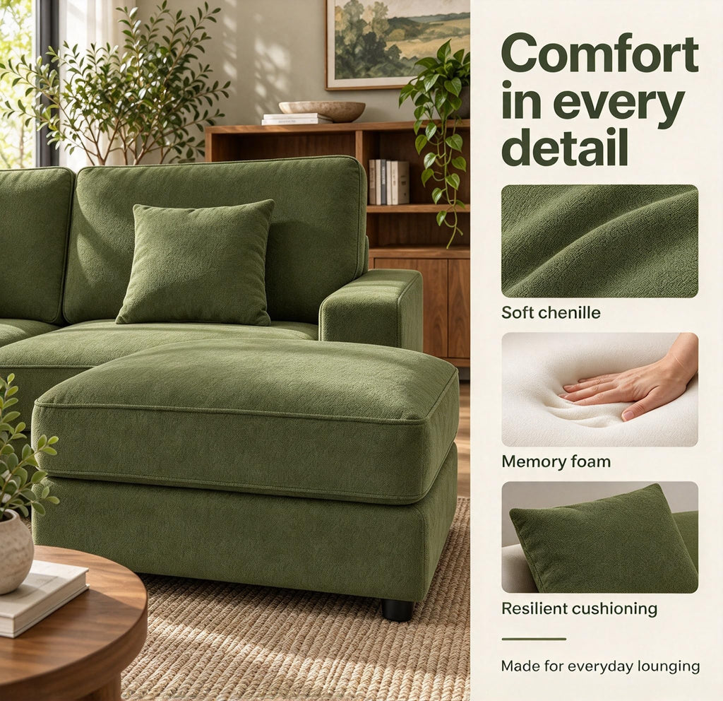 115" L-Shaped Modular Sectional Sofa, Oversized Deep Seat with Movable Ottoman, Chenille Upholstery, Side Pocket & 4