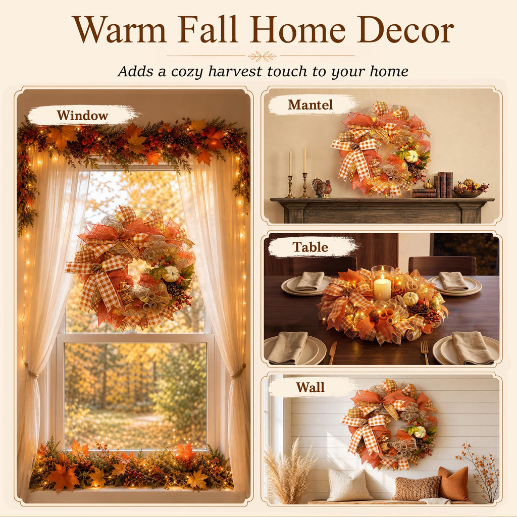 24 Inch Fall Wreaths for Front Door, Pumpkin Autumn Wreath
