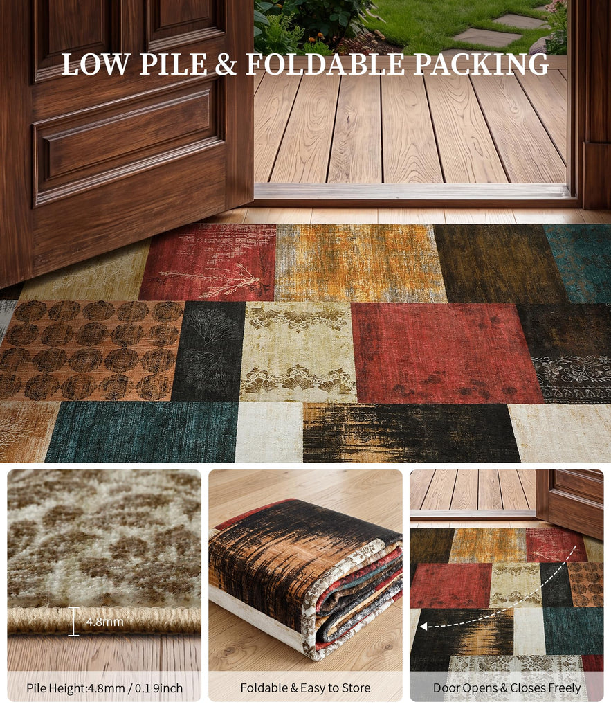 Mid Century Modern Vintage Cowboy Area Rug, Retro Patchwork Rug Non Slip, Red and Brown Floral Farmhouse Rugs