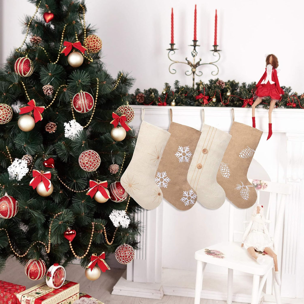 Christmas Stockings 4 Packs for Family 18.5" Large Linen Embroidery Classic Christmas Stockings Burlap Minimalist