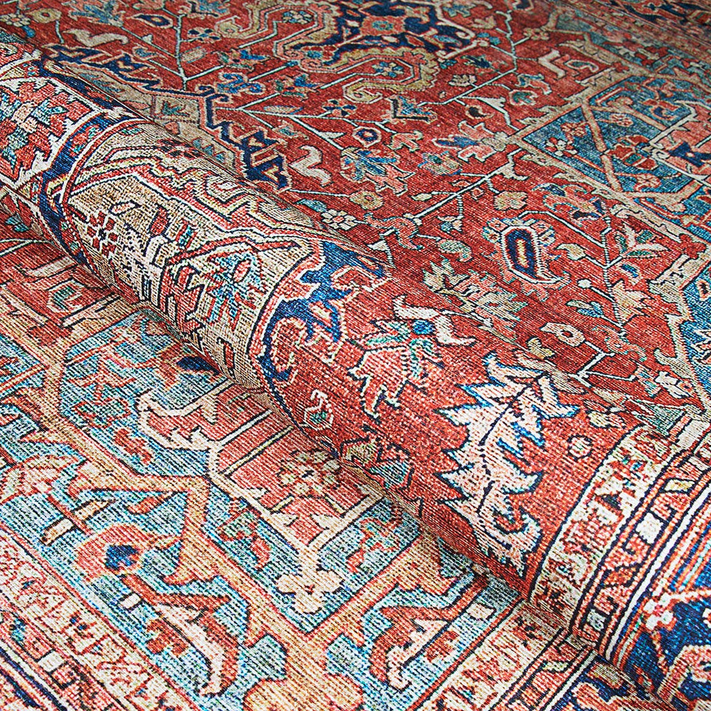 Heriz Non-Skid Polyester Rug - Ruby Digitally Printed Area Rug, Medallion Style, Durable Home Decor