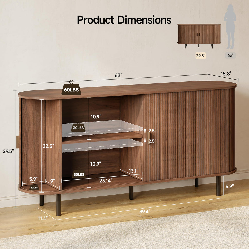 63" Fluted Buffet Sideboard Cabinet with Sliding Door, Walnut