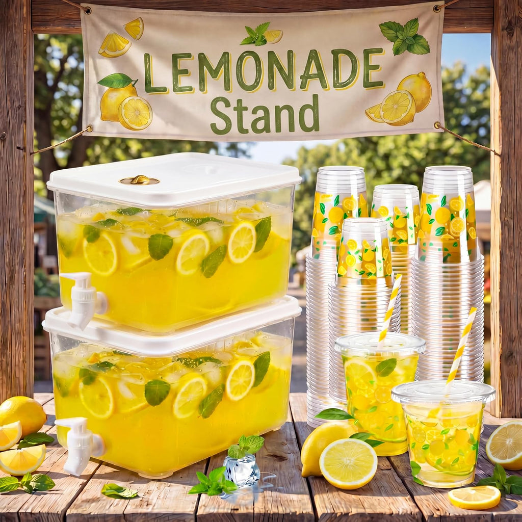 Lemonade Stand Supplies Kits Include 1.3 Gallon Clear Plastic Drink Dispenser with Spigot 100 Set Lemonade Cups - Set of 2