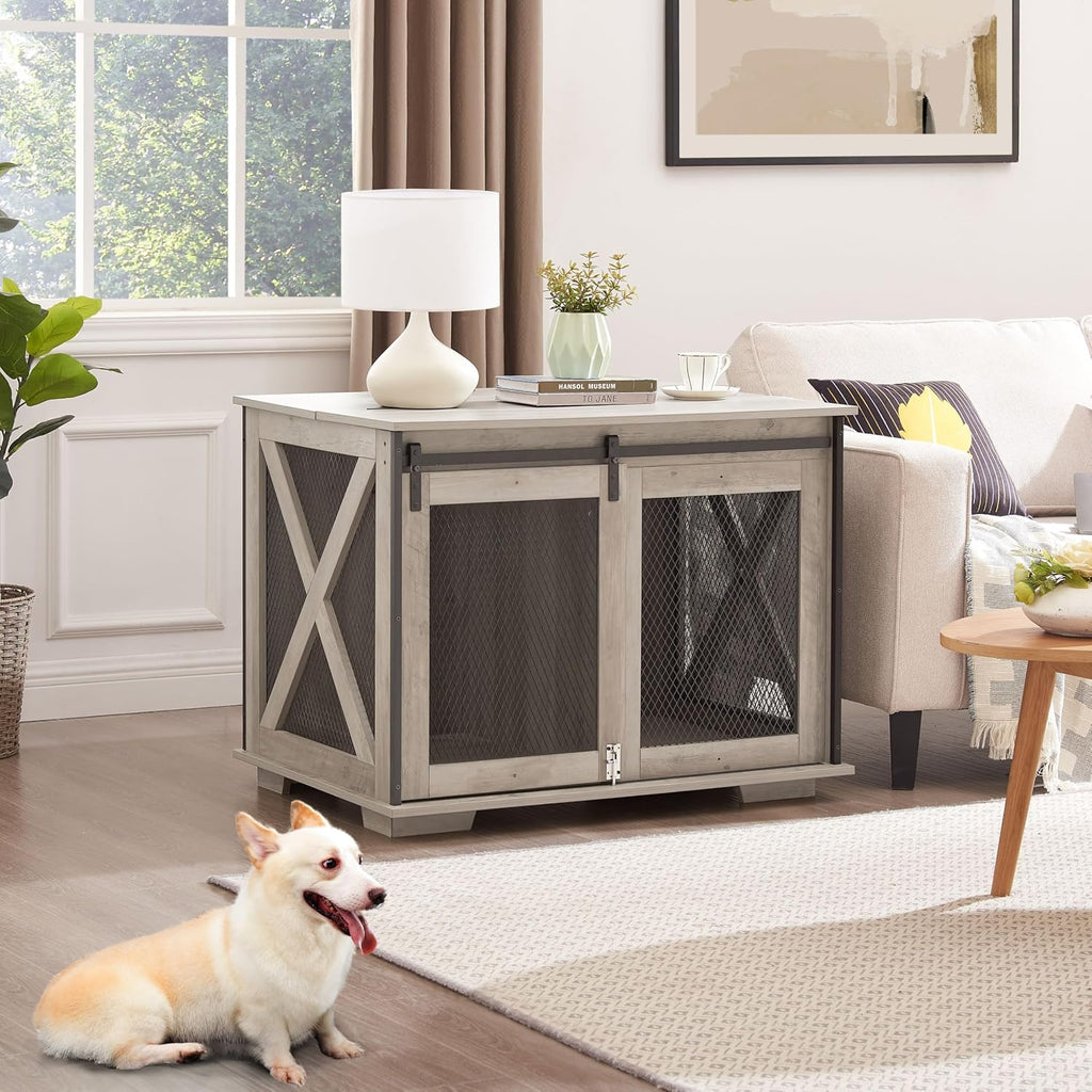 37''L Farmhouse Dog Cage Crate Furniture with Sliding Barn Door, Wooden Dog Kennel End Table with Flip-top Plate