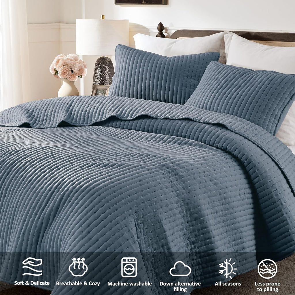 Blue Cross Stitch King Quilt Set, Striped Lightweight Soft Bedspread, Channel Farmhouse Rustic Coverlet, All Season
