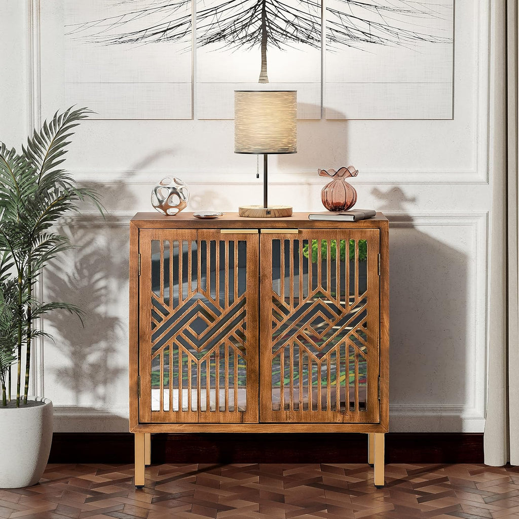 2 Door Accent Cabinet, Wood Sideboard Storage Furniture with Modern Geometric Mirror Front, Freestanding Home and
