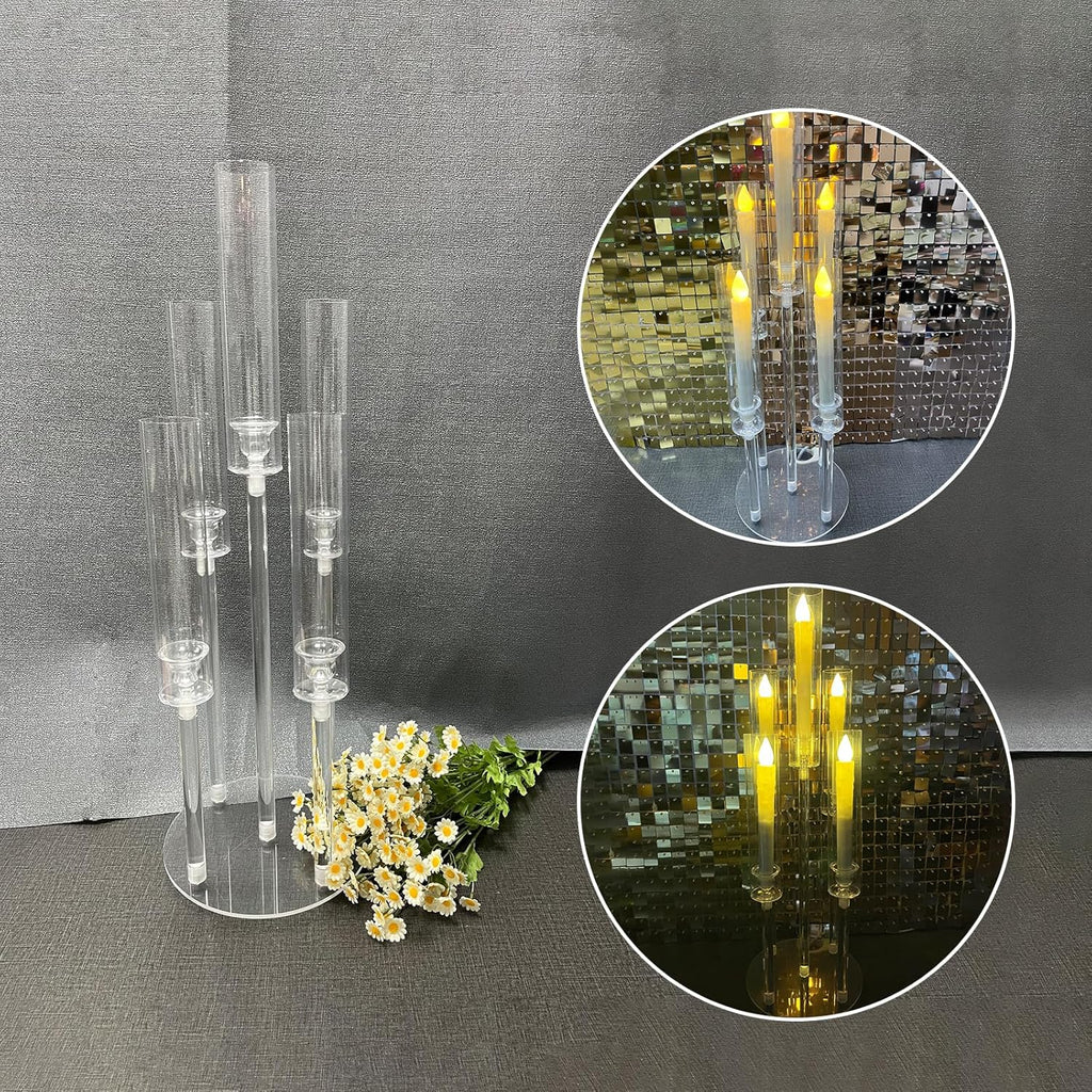 Clear 5 Arms Candlesticks Holder with Acrylic Shade,26'' Tall Acrylic Candelabra Centerpieces for Candlelight Dinner