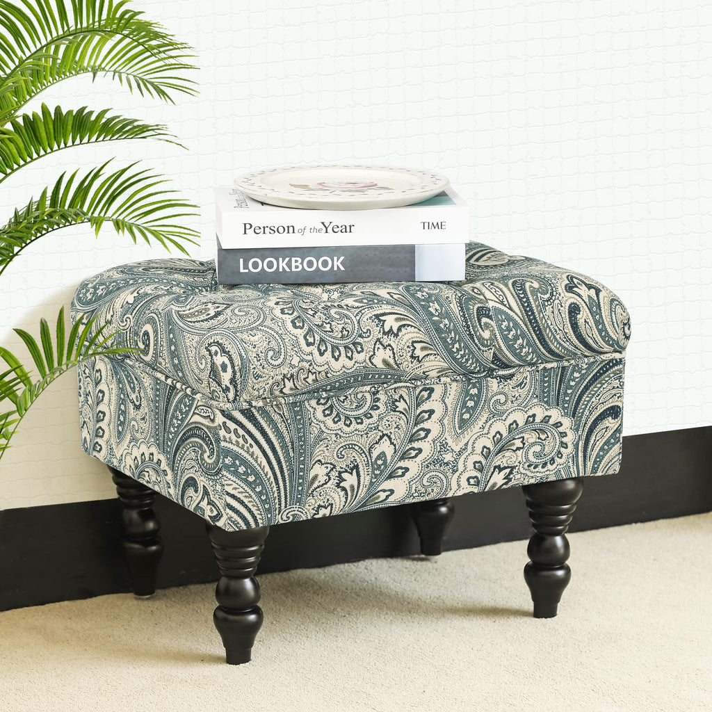 20'' Tufted Ottoman- Vanity Ottoman Stool with Sturdy Wood Legs- Mid-Century Teal Boho Paisley Floral Faux Linen