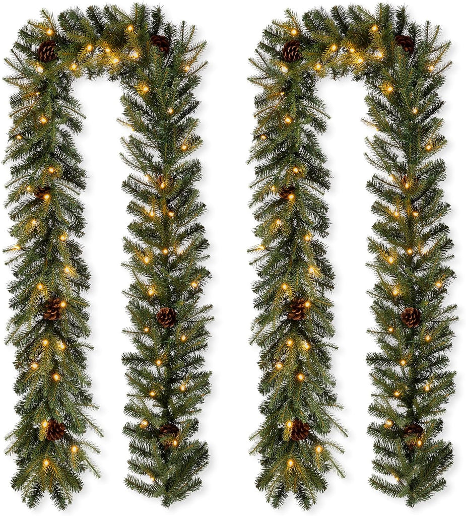 2PCS for Mantle, Prelit Greenery Garland Pine Cone Christmas Garland with Lights and Timer for Fireplace, Dining