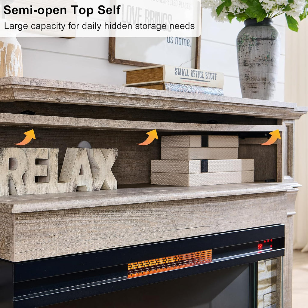 52" Electric Fireplace with Mantel, Freestanding Fireplace Heater TV Stand with 36" 3-Side Glass Insert for TVs Up to