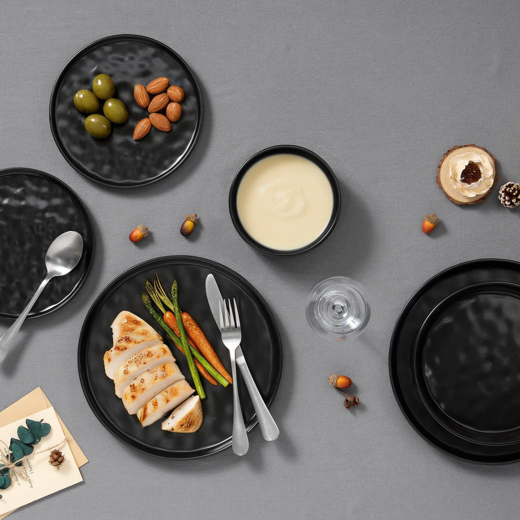 Black Plates and Bowls Sets, 24-Piece Stoneware Dinnerware Set for 6