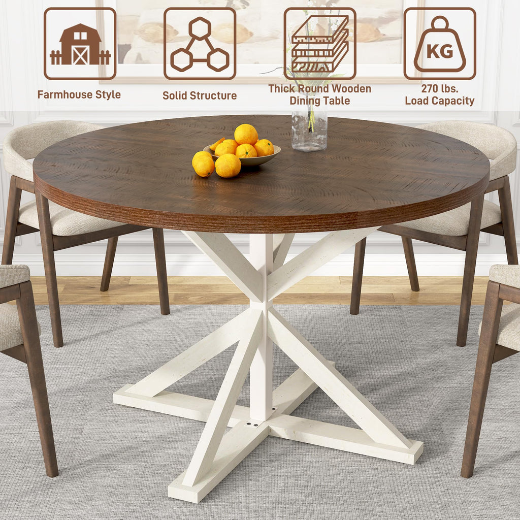 Round Wood Dining Table, Farmhouse Dinner Tables W/Thickened Brown Waterproof Tabletop for 4 People, 47 inch Rustic