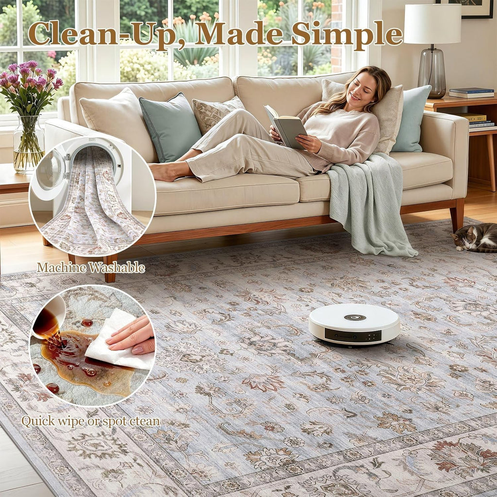 10x14 Area Rugs for Living Room: Machine Washable Non Slip Vintage Carpet - Low Pile Lightweight Pri