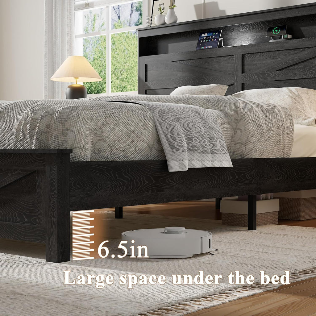 Farmhouse Wooden Bed Frame Queen with Storage Headboard, Boho Platform Bedframe with LED Lights and Charging Station