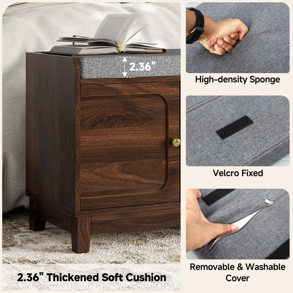 2-Tier Shoe Storage Bench w/4 Doors & Thickened Padded Seat Cushion, Walnut