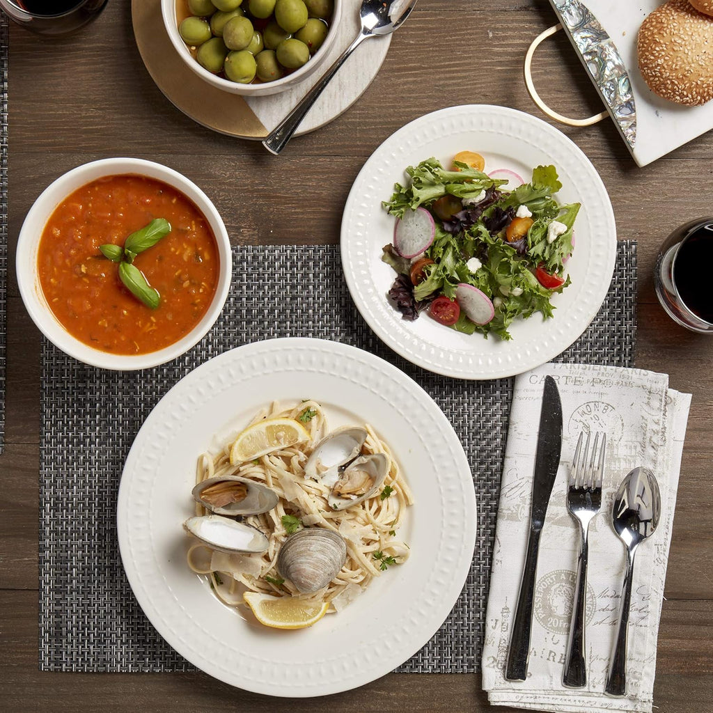 Tabletops Gallery Embossed White Porcelain Round Dinnerware - Bloom 12 Piece Dinnerware Set
