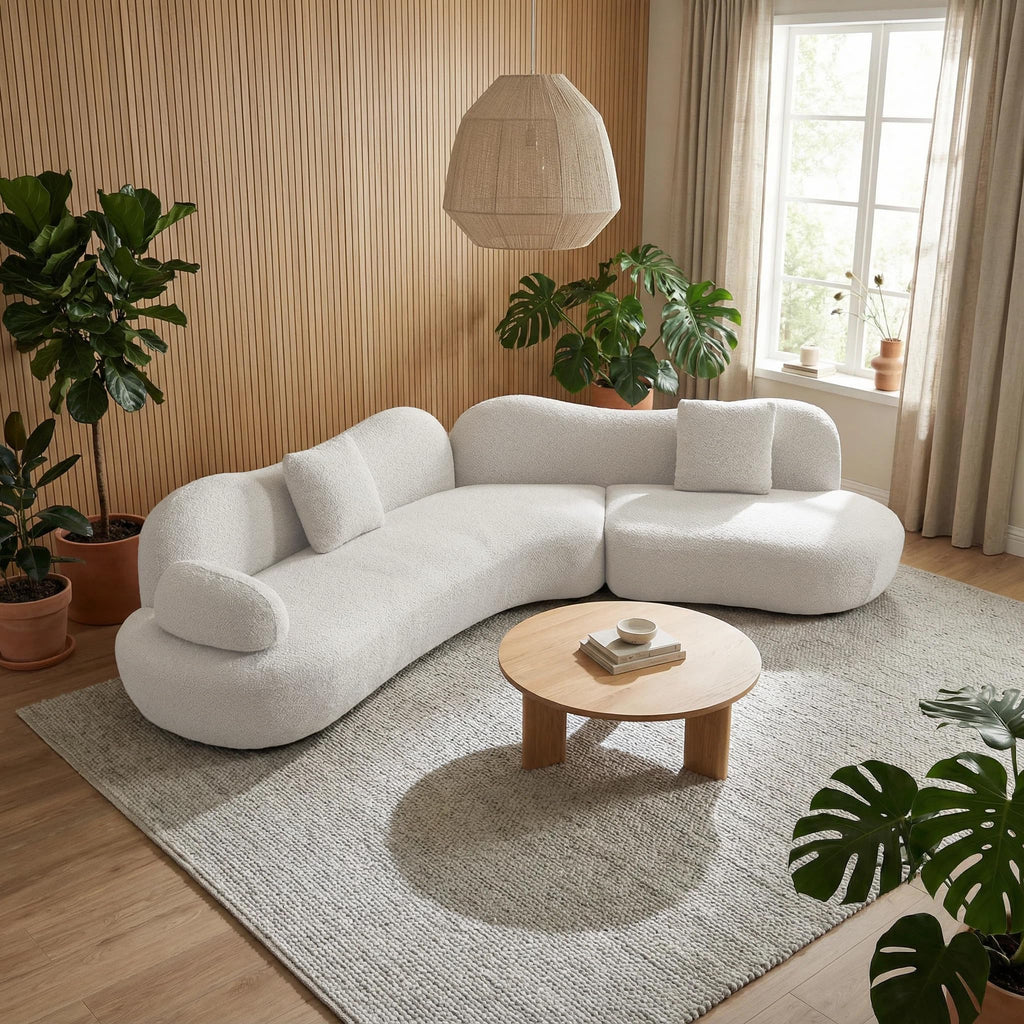 Curved Sectional Sofa, 5 Seater, Boucle, Scandinavian, White