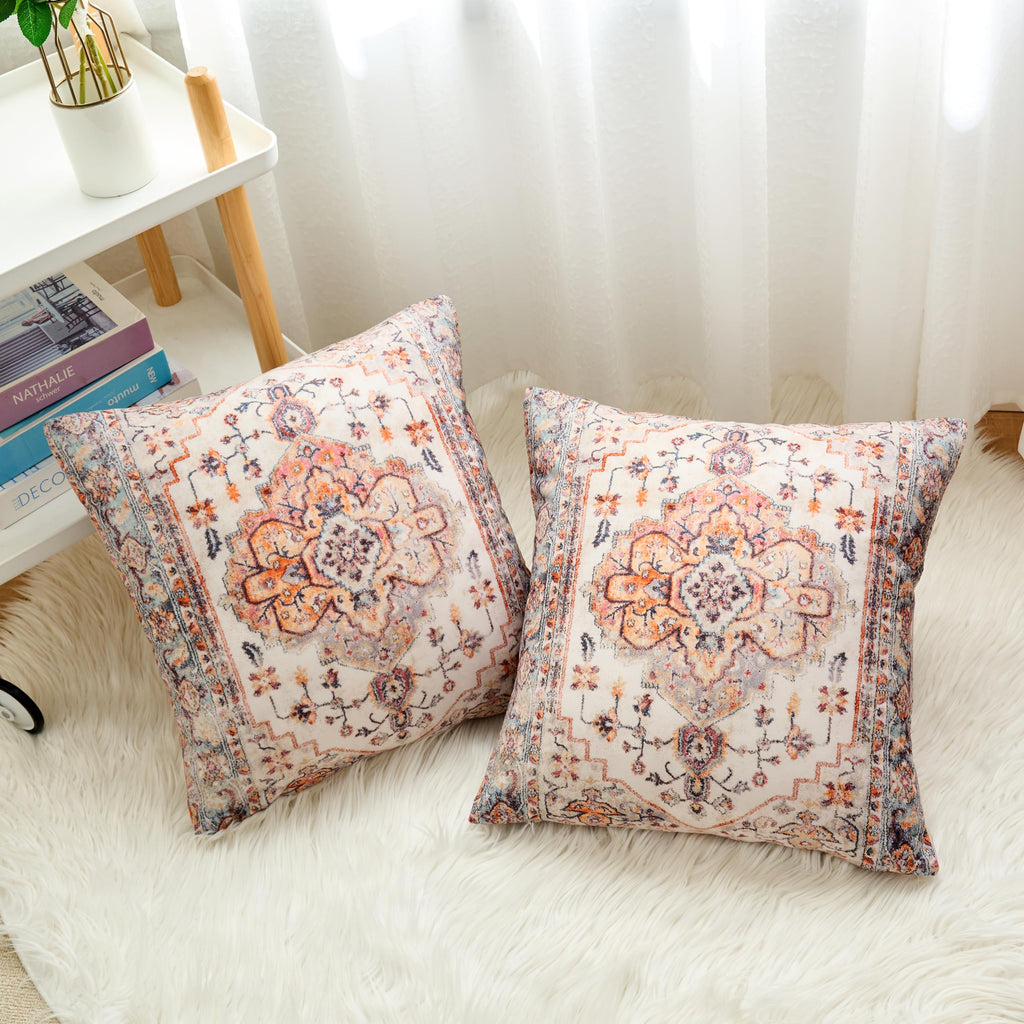 Boho Throw Pillow Covers 26x26 inch Set of 2, Boho Vintage Carpet Pattern Antique Ethnic Decor Double Sided Pattern