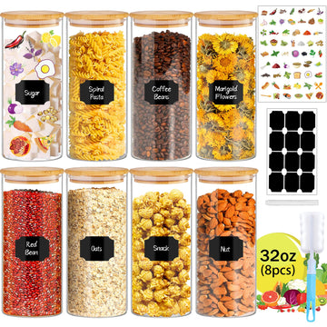 32 oz 8 Pcs Glass Jars with Bamboo Lids, Stackable Clear Food Storage Jars, Airtight Kichen Glass Pantry Storage