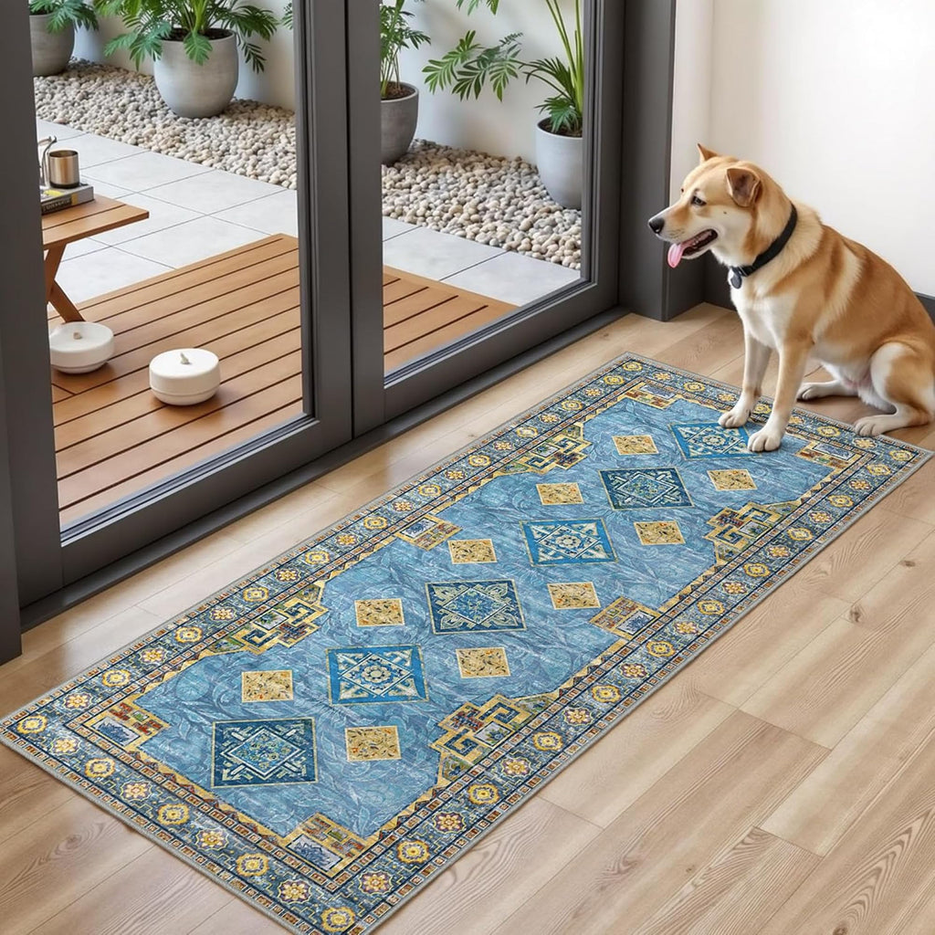 Kitchen Rugs Sets of 3 Non Slip Washable Kitchen Mats for Floor, Light Blue