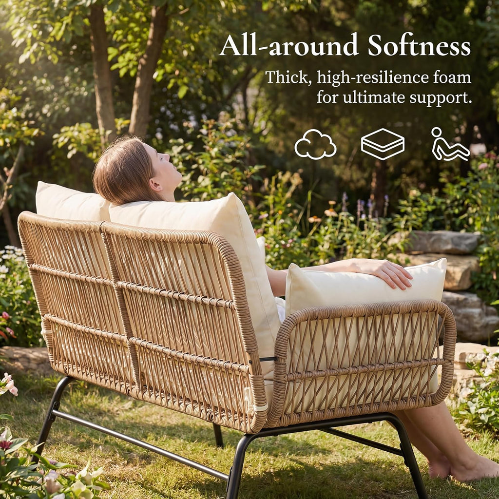 6 Pcs Boho Outdoor Patio Furniture Set, High Back L-Shaped Outdoor Couch with Ice Bucket Table