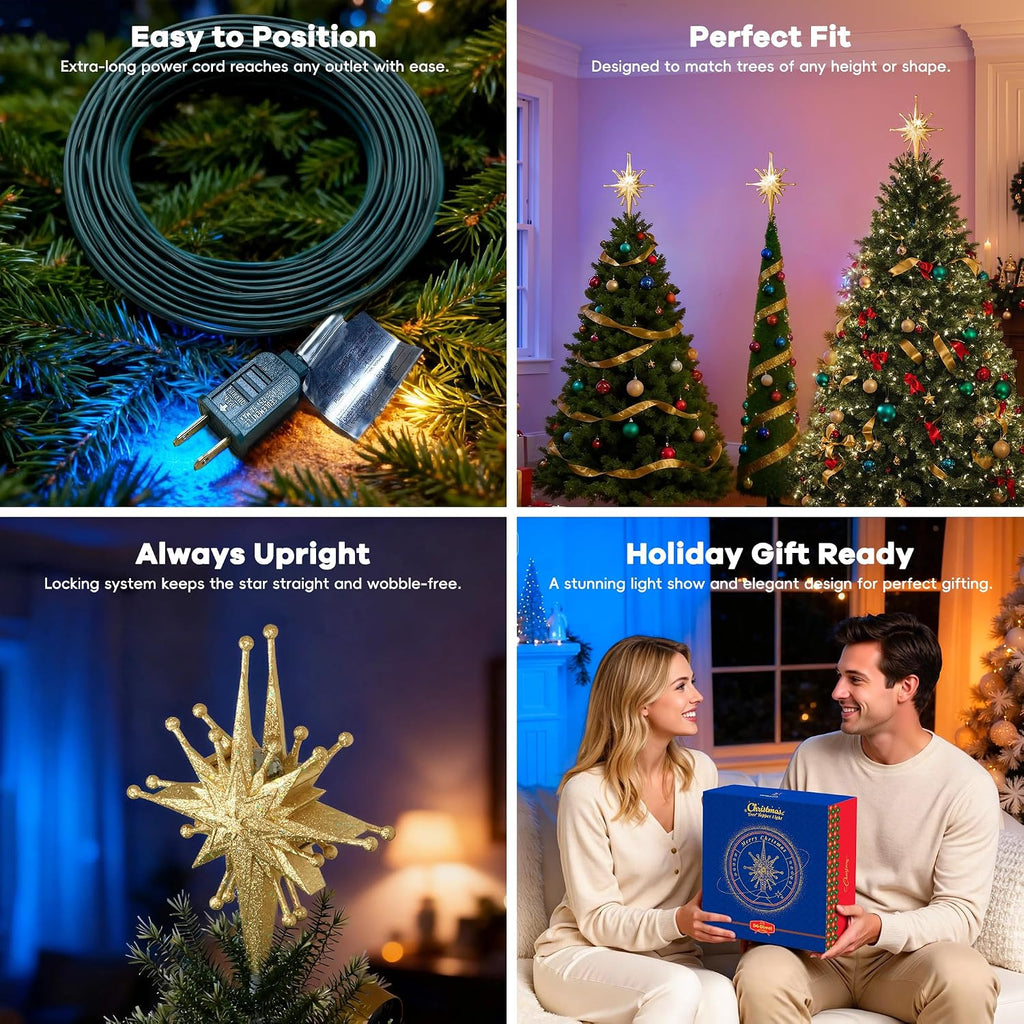 Christmas Tree Topper with Wide Coverage Light, Starlight Gold