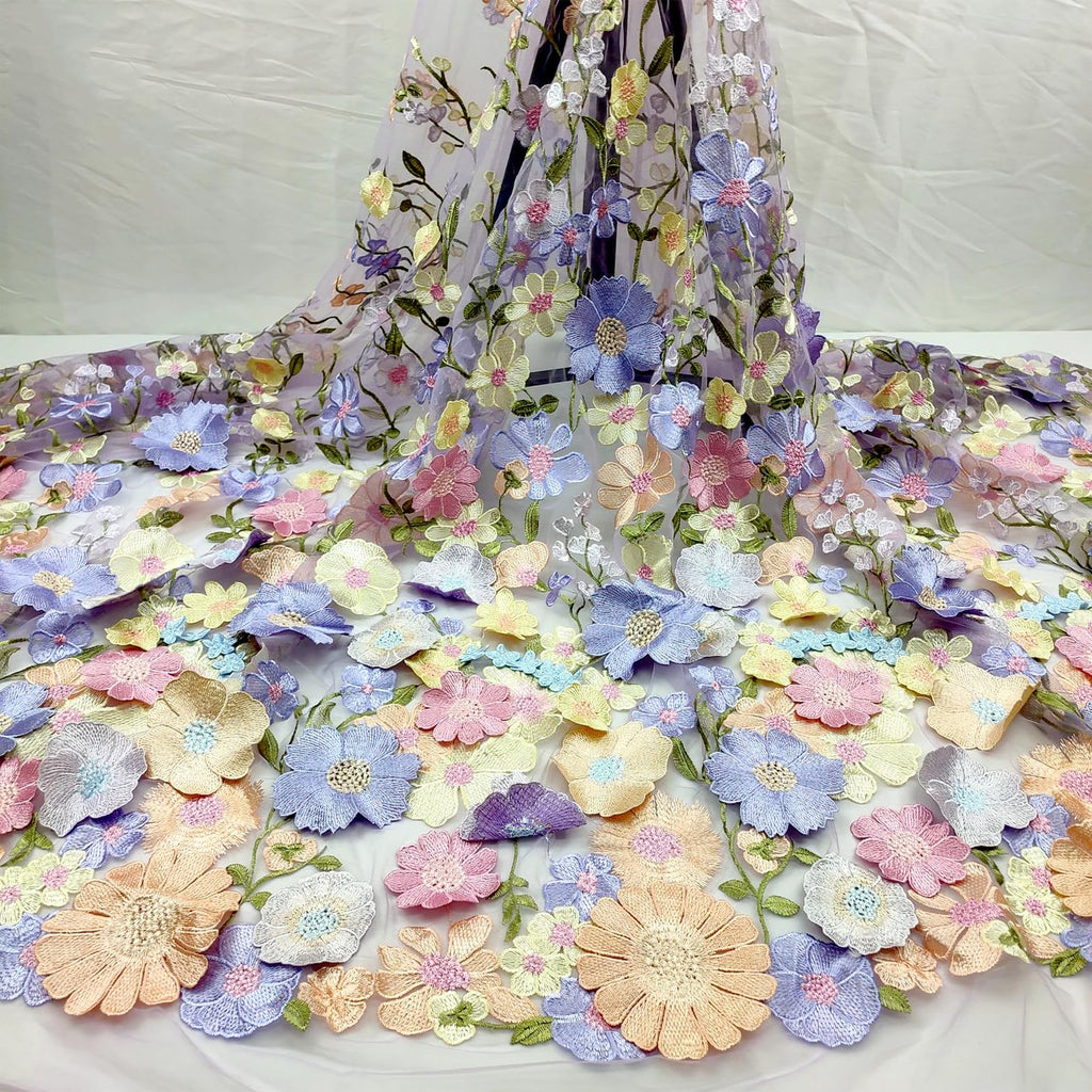 1Yard Blue Embroidery Fabric, Latest Elegant Classic3D Colored Flowers Embroidery Heavior Tulle Lace Fabric for DIY