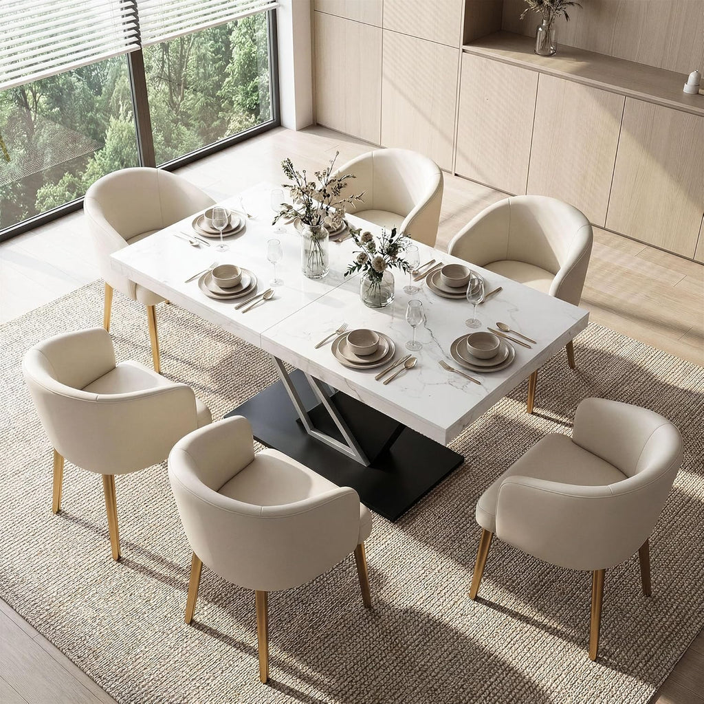 59'' to 78.7'' Extendable Dining Table for 4-8, Faux Marble Expandable Kitchen Table with Sturdy Metal Base
