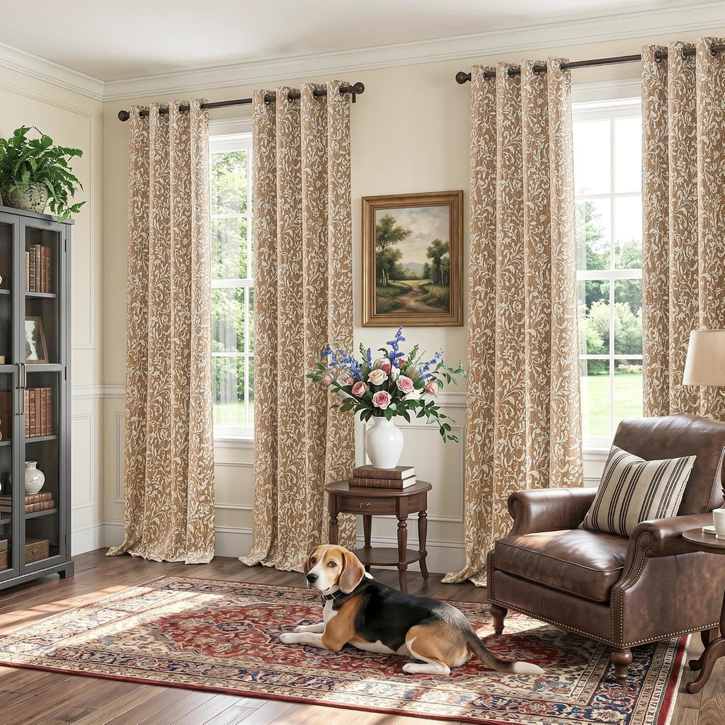 Blackout Curtains, Warm Taupe Scroll Floral Patterned Curtains 96 Inch Length Vintage Art Deco Drapes, Thermal