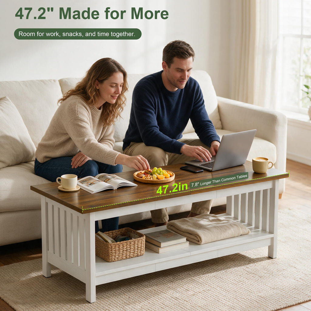 47.2" Farmhouse Coffee Table - Coffee Tables, Small Coffee Table with Storage, Center Table, White