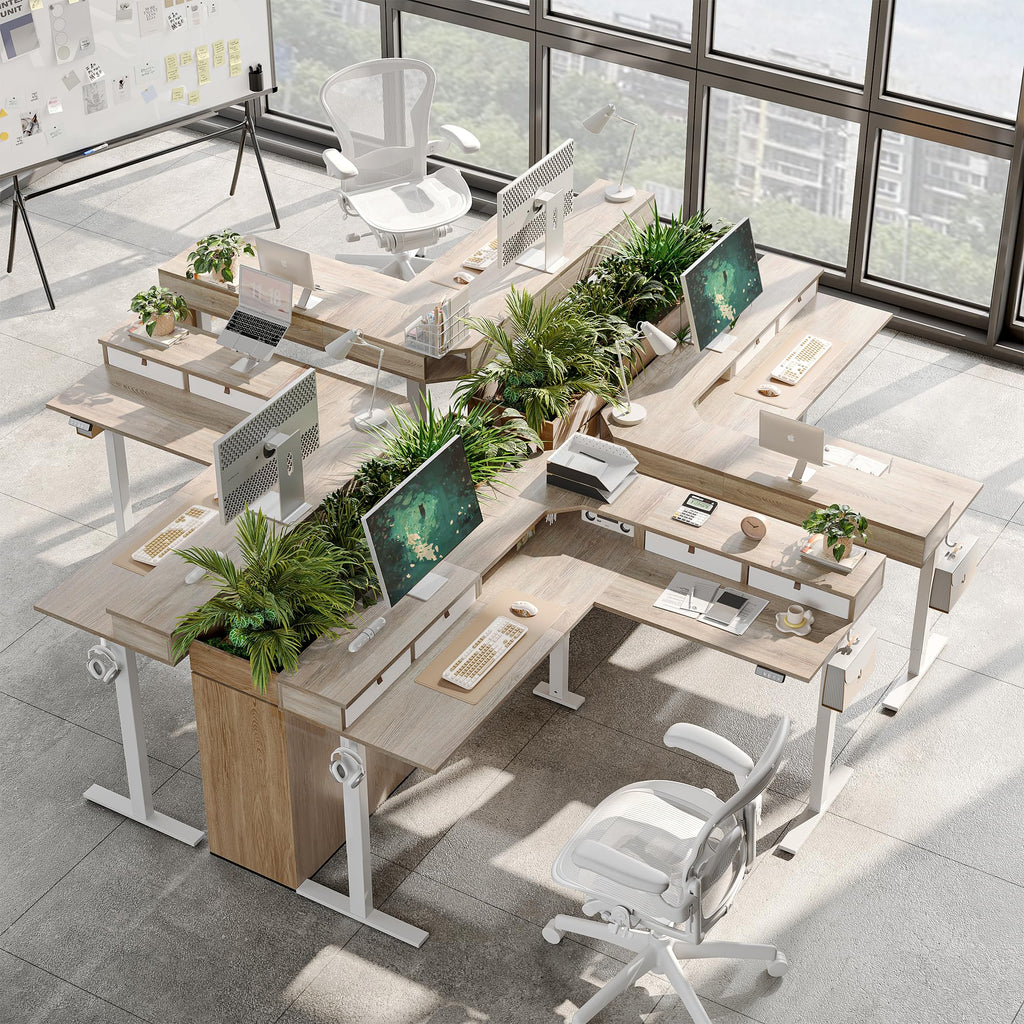 L Shaped 63 x 55 inch Standing Desk Adjustable Height, Electric Corner Standing Desk with 4 Drawers and Upper Shelf