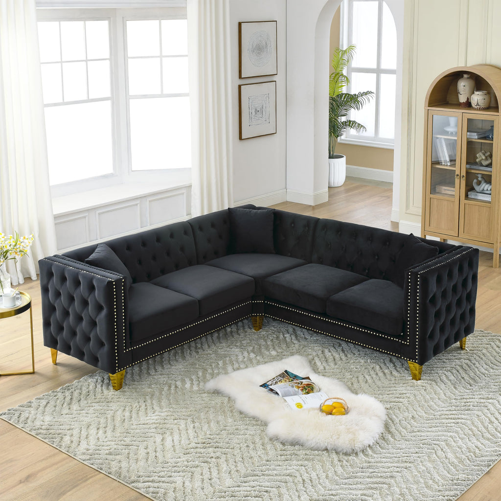 82.2" Tufted Velvet Corner Sofa, 5 Seat Couch, L-Shaped Sectional Couch, Buttons Tufted Square Arm Couch Apartment