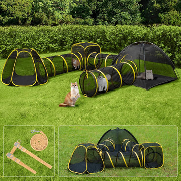 6-in-1 Outdoor Cat Enclosure with Playhouse, 2 Tents & 3 Tunnels
