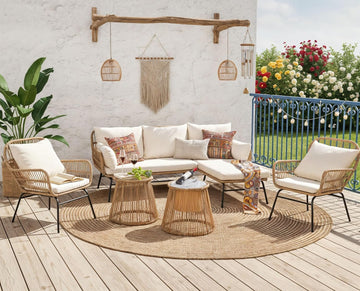 6 Pcs Boho Outdoor Patio Furniture Set, High Back L-Shaped Outdoor Couch with Ice Bucket Table