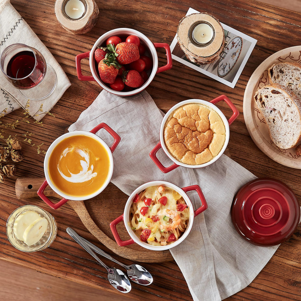 Mini Cocotte 12oz Ceramic Casserole Dish Set with Lid, Red