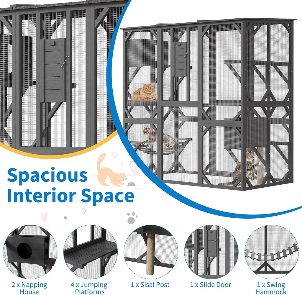 70'' Large Walk-in Catio, Outdoor Wood Cat Enclosure Window Access for Multiple Cats with Asphalt Roof, Feral Cat