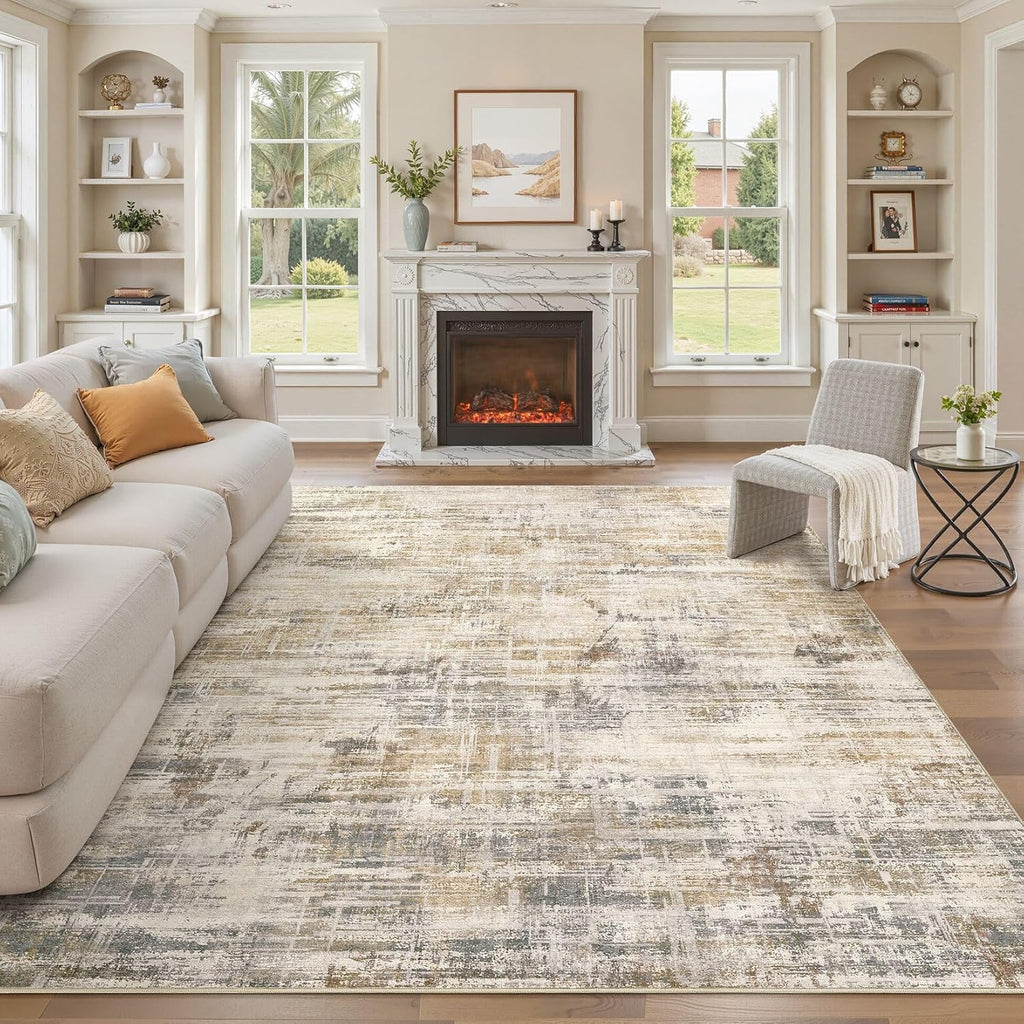 Area Rug for Living Room: 8x10 Washable Neutral Abstract Modern Soft Rugs Non Slip Indoor Floor Stain Resistant Large